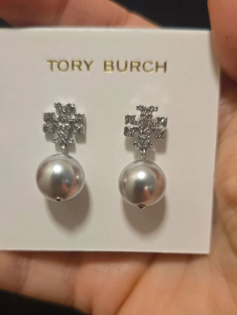 Tory Burch Silver Pearl Drop Earrings with Crystal Logo Drops